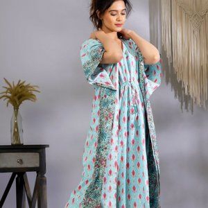 BRAND NEW Turquoise Leaf Printed Kaftan Boho Dress Fits Plus Size Beach Cover Up